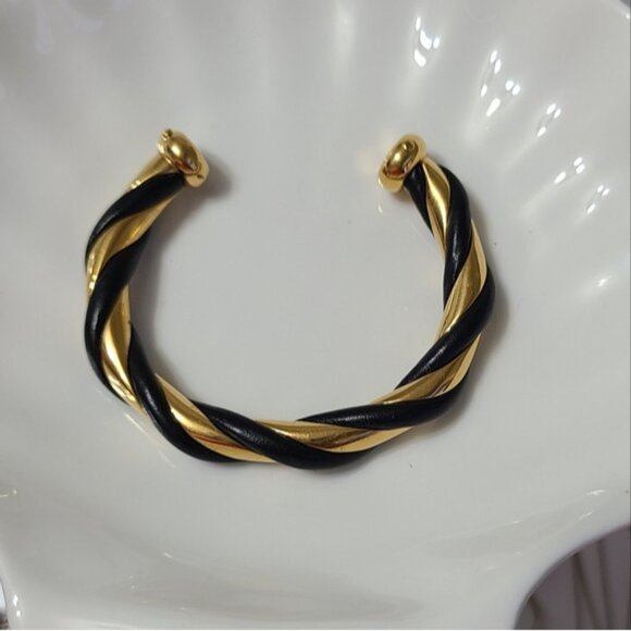 Vintage Luxury Hermes Torsade Gold Black Leather Twist Bangle Open Cuff Bracelet - Picture 3 of 10